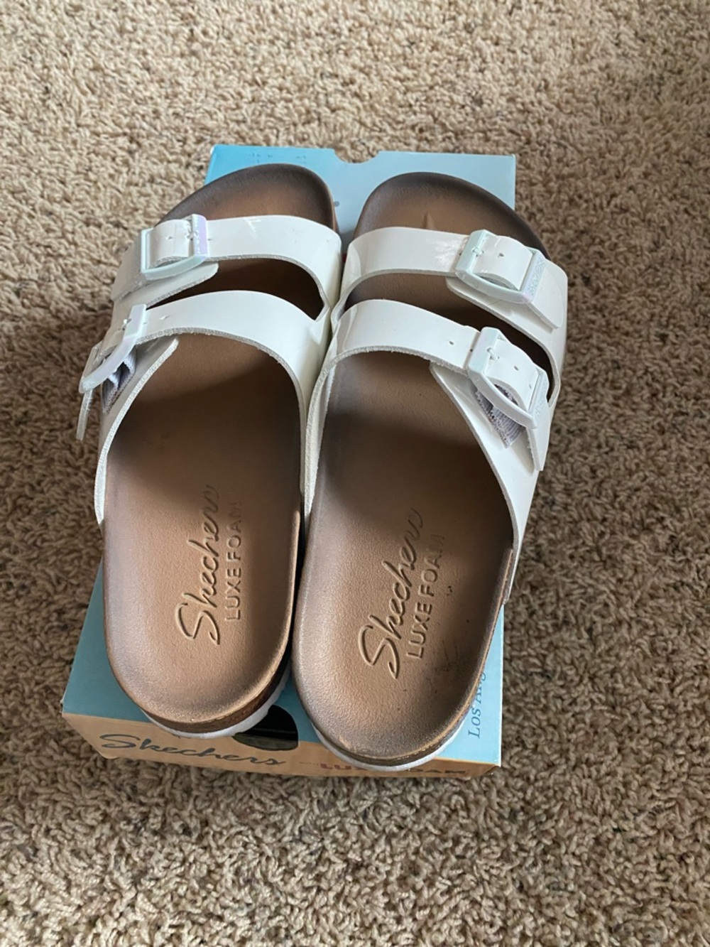 Skechers White Double-Buckle Luxe Foam Slide Sandals